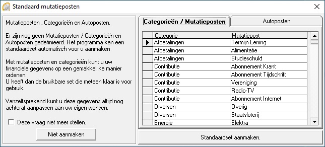 Standaard mutatieposten